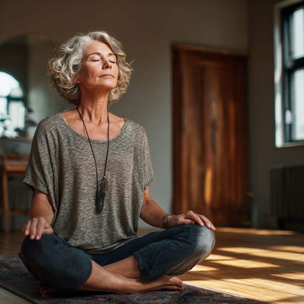 Mature woman practicing mindful yoga in peaceful studio environment