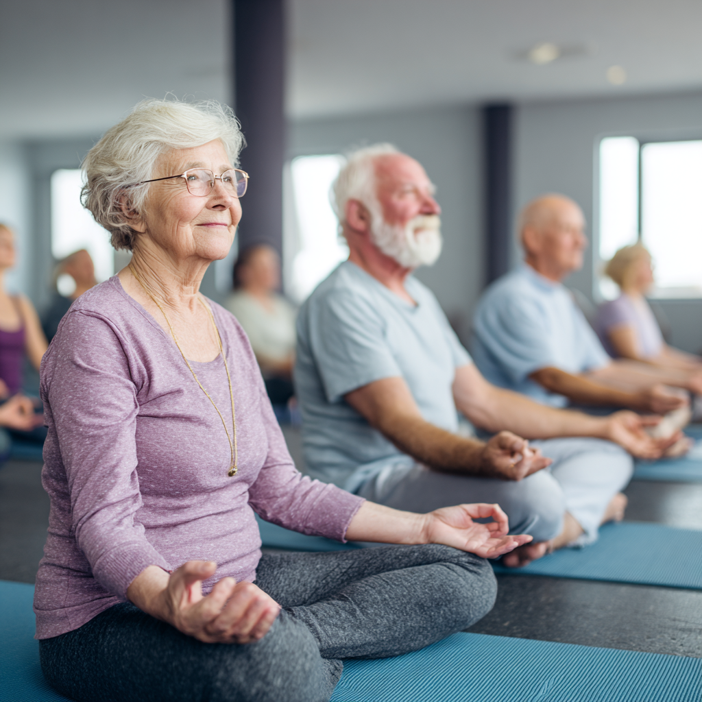 Senior adults enjoying gentle yoga session in wellness center